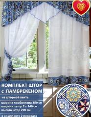 Комплект штор для кухни с ламбрекеном Примавера голубой орнамент